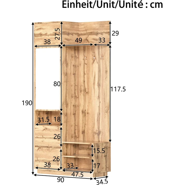 Kompaktgarderobe mit Spiegel und Sitzbank,Flurgarderobe mit Schuhschrank und Haken, Kleiderhaken,Kompaktgarderobe,Flurmöbel Set,Flurgarderobe – Bild 4