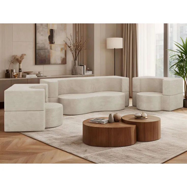 Polstermöbel-Set SANOA, Sofa mit 2 Sesseln, Schlaffunktion, Ausklappbares Sofa, 3-teiliges, Schaumstoffkern - Beige Schmaler Cord