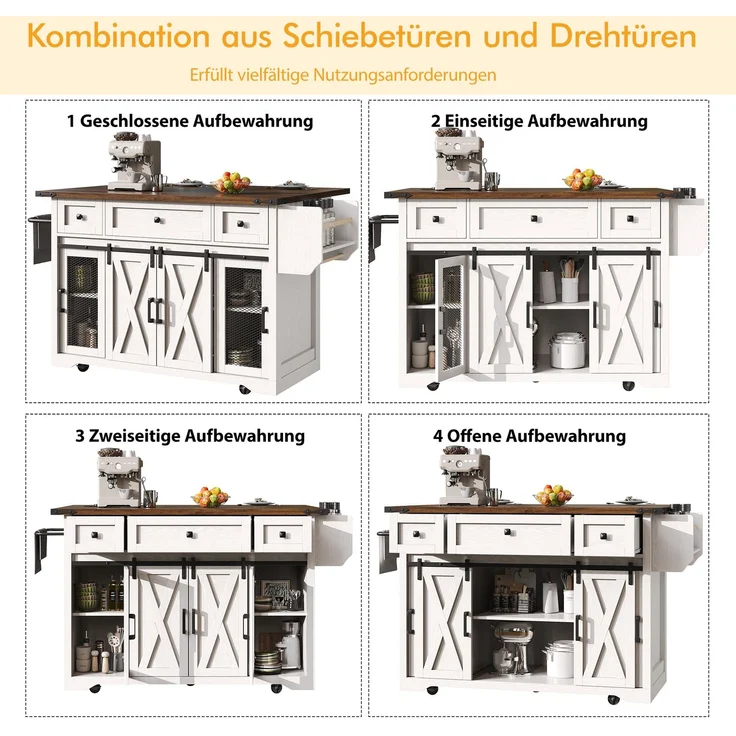 Kücheninselwagen mit ausziehbarer Arbeitsplatte & Stromanschluss, 91cm Arbeitshöhe, Weiß/Schwarz, belastbar bis 75kg – Bild 6