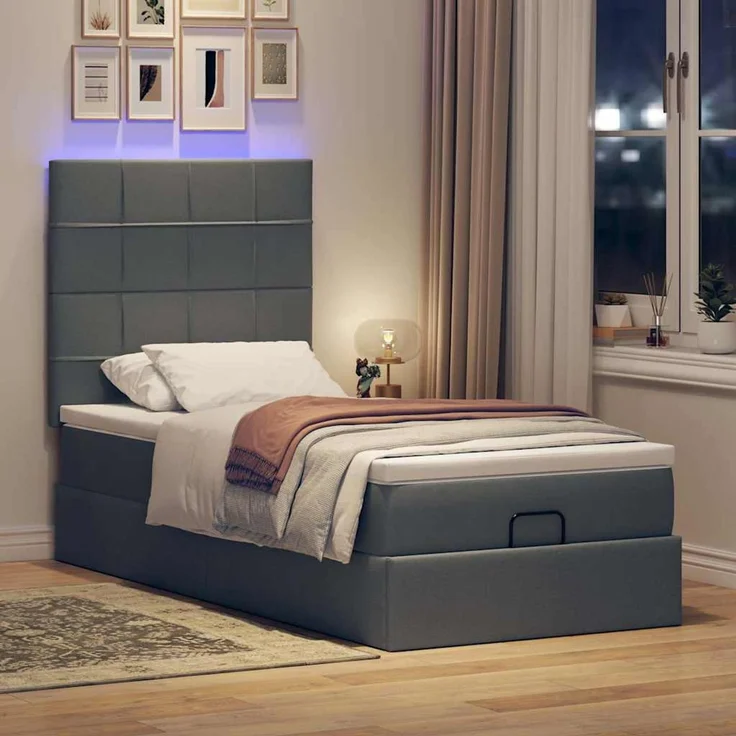 vidaXL Ottoman-Bett mit Matratze & LEDs Dunkelgrau 100x200 cm Stoff 3313983 – Bild 3