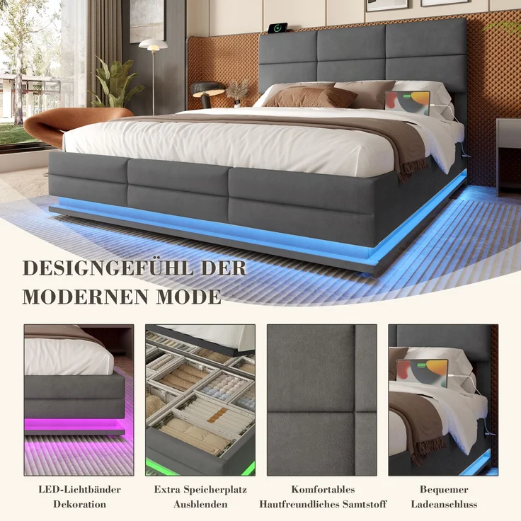 TavilaEcon Boxspringbett Modernes Polsterbett mit höhenverstellbarem Kopfteil & LED-Beleuchtung grau Liegefläche 160 × 200 cm – Bild 6