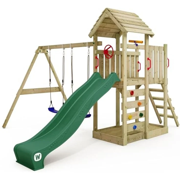 WICKEY Spielturm Klettergerüst MultiFlyer Holzdach mit Schaukel & grüner Rutsche, Kletterturm mit Holzdach, Sandkasten, Leiter & Spiel-Zubehör – Bild 1