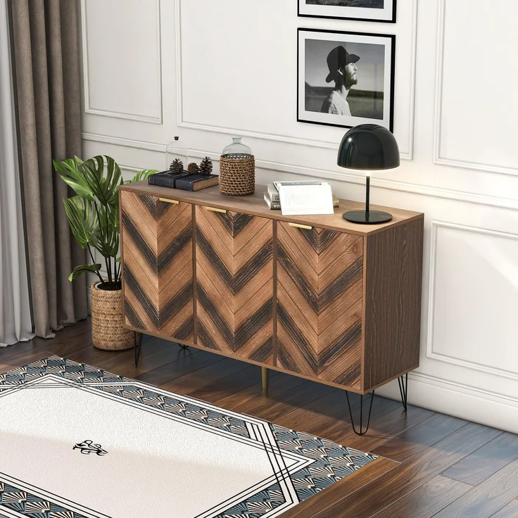 Merax Sideboard mit Fischgrätenmuster Dekor und Eisenfüße, Kommode mit 3 Türen und goldenen Metallgriffe, B:120cm – Bild 4