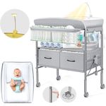 Orzbow Tragbarkeit Baby Wickelkommode mit Schubladen und Nachtlicht, Höhenverstellbare Mobiler Baby Wickeltisch Klappbar mit Sicherheitsgurt, Geräumiger Stauraum Baby Changing Table, Grau