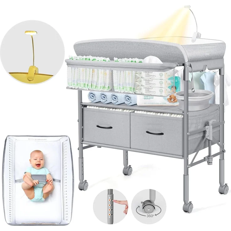Orzbow Tragbarkeit Baby Wickelkommode mit Schubladen und Nachtlicht, Höhenverstellbare Mobiler Baby Wickeltisch Klappbar mit Sicherheitsgurt, Geräumiger Stauraum Baby Changing Table, Grau – Bild 1
