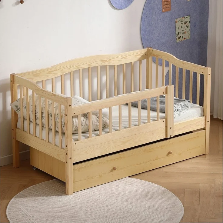 LEADZM Kinderbett mit Schubladen 70x140 / 80x160 / 90x200cm, Hausbett mit Lattenrost, Bodenbett mit Stauraum und Abnehmbarer Barriere, Naturbelassen – Bild 1