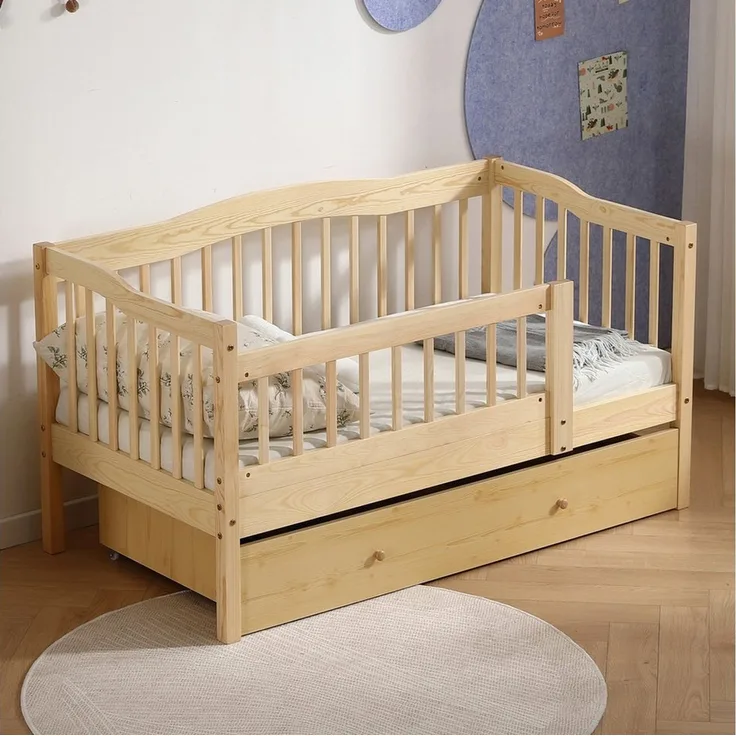 LEADZM Kinderbett mit Schubladen 70x140 / 80x160 / 90x200cm, Hausbett mit Lattenrost, Bodenbett mit Stauraum und Abnehmbarer Barriere, Naturbelassen