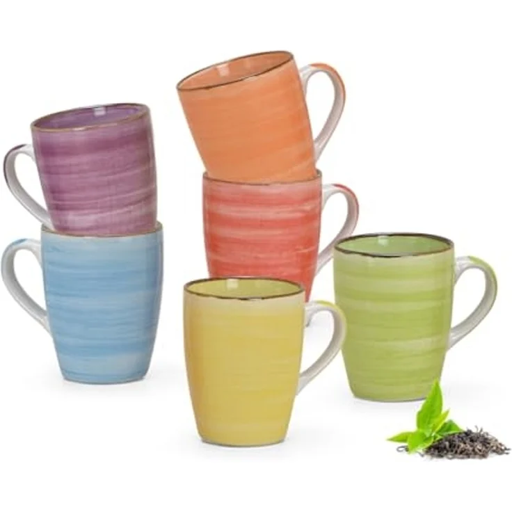 matches21 HOME & HOBBY Tasse Kaffeebecher 6er Set einfarbig modern Vintage - wie bemalt, 6-tlg, Keramik, Tee Kaffee-Becher, blau violett gelb rot orange grün, 340 ml – Bild 1
