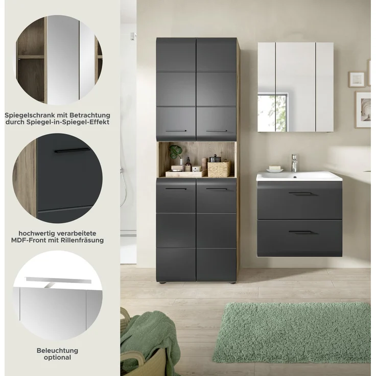 Badkombination (B/H/T: 135x185x46 cm) in schwarz matt und Nox Oak Nachbildung – Bild 8