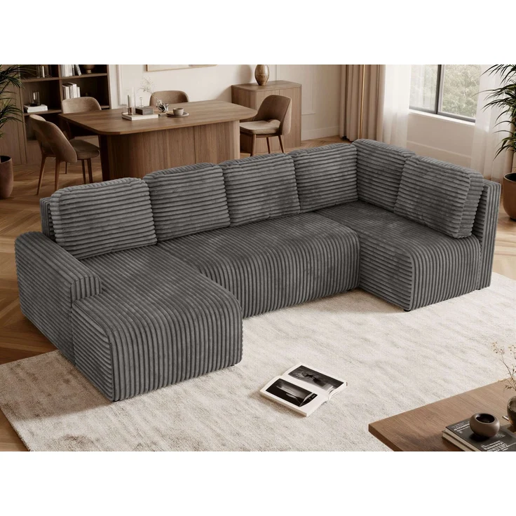 U-förmiges Sofa NESSARO COR U mit Schlaffunktion und Bettkasten, Freistehende Wohnlandschaft, DL-System, Bonellfederkern - Grau Cord - Rechts Seite – Bild 4