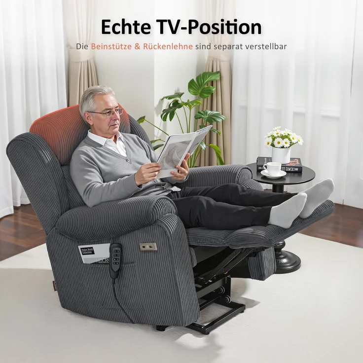 M MCombo 4-Motoren-Fernsehsessel mit Aufstehhilfe Elektrisch, Elektrische Lenden- & Kopfstütze 165°Zero-Gravity Sessel mit Aufstehhilfe, Massage & Heizung 7558 (Stoff, Dunkelgrau) – Bild 2