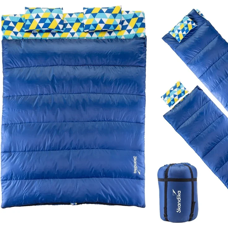 Skandika Doppelschlafsack, 3-Jahreszeiten, extra breit, 2 Kissen, Packsack, Camping Inn-/Outdoor
