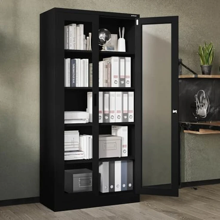 Jan Nowak Aktenschrank C012 Glasvitrine Büroschrank Universalschrank Flügeltürschrank Stahlblech Pulverbeschichtung abschließbar 185 cm x 90 cm x 40 cm (Schwarz) – Bild 2