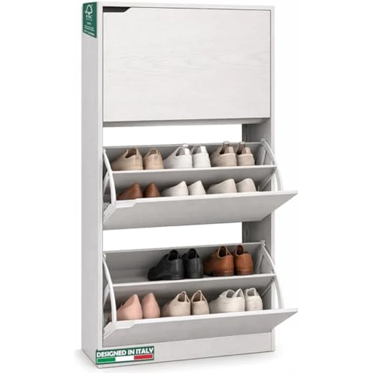 BAKAJI Schuhschrank aus MDF-Holz mit 3 Türen, Schuhschränke, versenkbare Griffe, doppelte Tiefe, kompakte Größe, 63 x 24 x 115 cm, Eingang für Zuhause (Weiß) – Bild 2