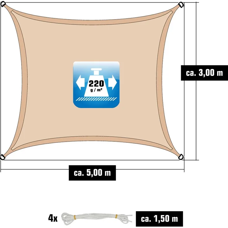3x5m UV Sonnensegel Sonnenschutz Atmungsaktiv Ivory