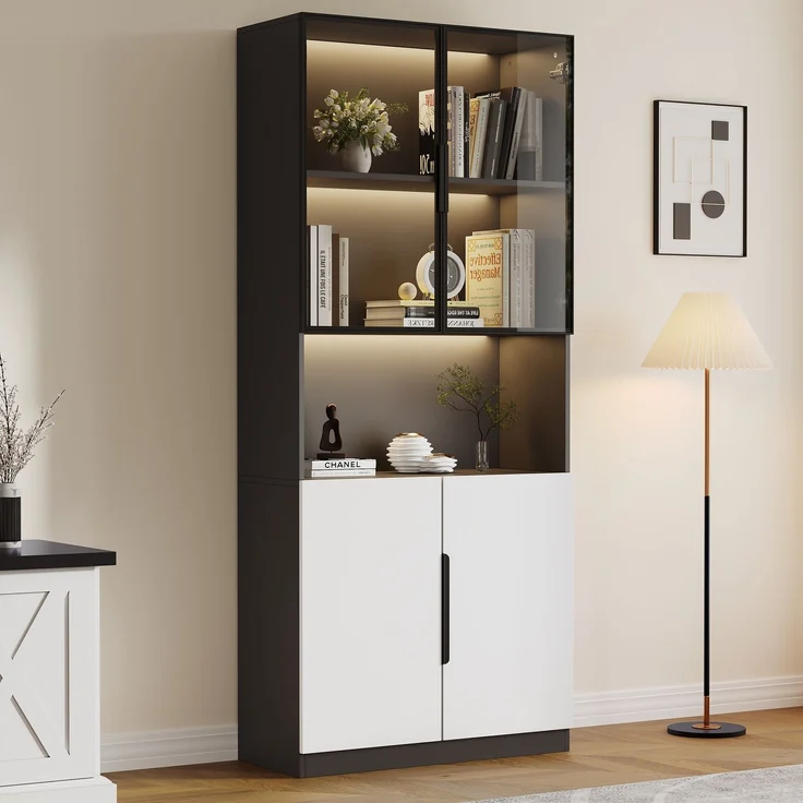 Moderne minimalistische Vitrine mit Glastüren, Vitrine mit LED-Leuchten, Bücherregal für Sammlerstücke, einstellbare Farbtemperatur und Helligkeit, weiße Türen mit schwarzer Dekoration, 80*30*200cm--Weiß--94.49x50.8x19.51cm--YOUDENOVA – Bild 2