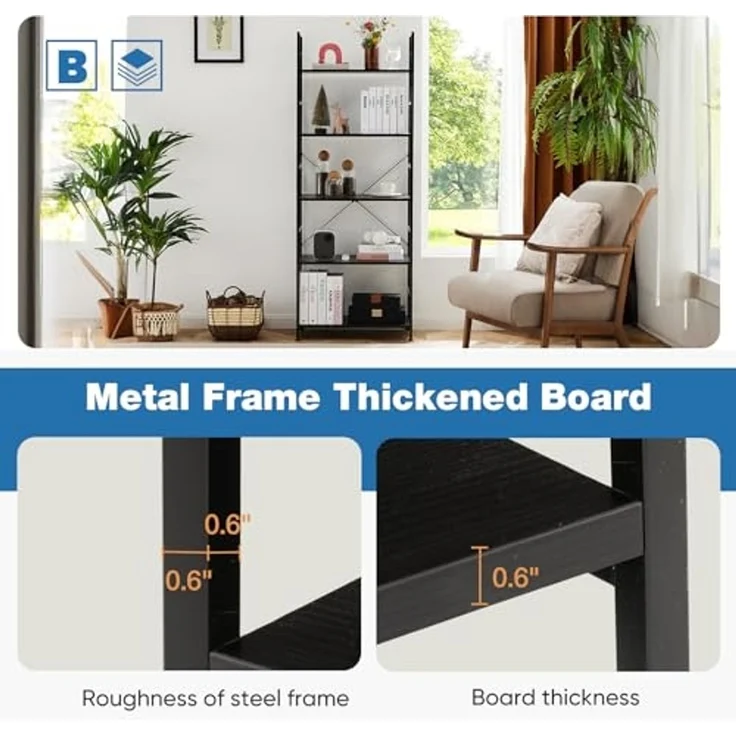 DUMOS Lagerregal mit 5 Ebenen Küchenregal Bücherregal im Industriestil,Standregal im Wohnzimmer Küche Regal aus MDF Metall schmales Leiterregal – Bild 5
