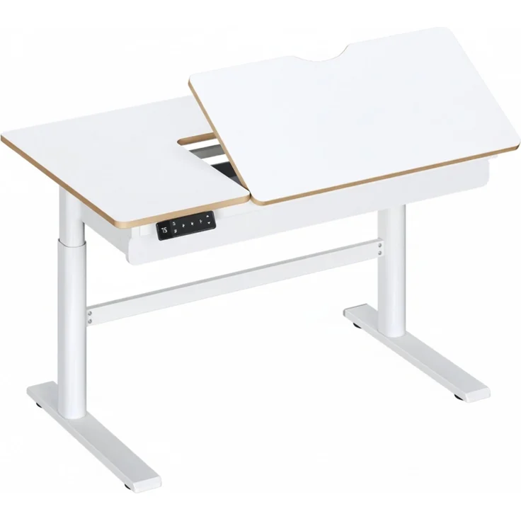 Bellabino 'Toro' Kinderschreibtisch 110x65 cm, elektrisch höhen- und neigungsverstellbar mit Schublade, weiß, kindergesicherte Steuerung, mit Rucksackhaken, und 3 Speicherhöhen, Jugendschreibtisch mit Rucksackhaken, ab 6 Jahren