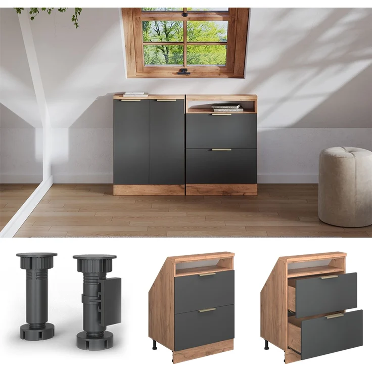 Küchenschrank für Dachschrägen R-Line Anthrazit-Gold/Goldkraft Eiche 60 cm mit 2 Schubladen Vicco – Bild 4