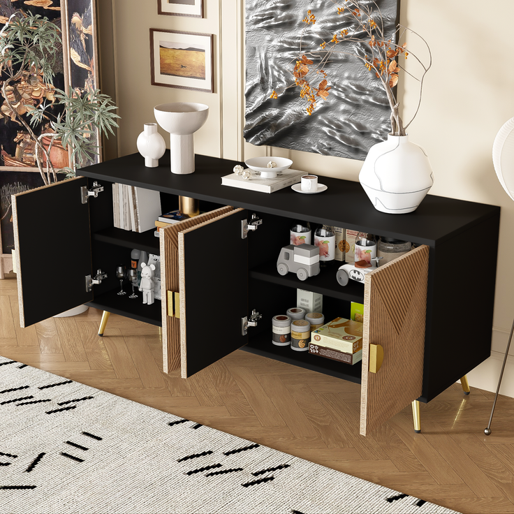 Sideboard, MDF/PB mit 4 Türen & Soft-Close, 160x40x75 cm, Schwarz/Holzfarben – Bild 5