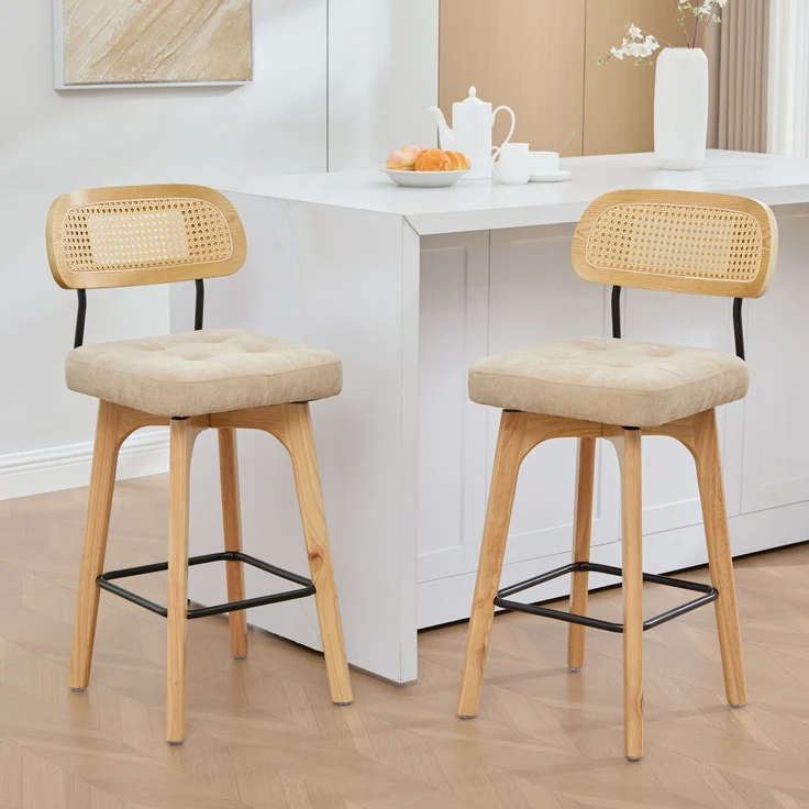 2er-Set um 360° drehbare Barhocker, Küchen- und Frühstücksbarhocker mit Rückenlehne, Rückenlehne aus Rattan mit gepolsterter Sitzfläche, Barhocker im modernen Mid-Century-Stil(Khaki, Chenille)--khaki--51x44x96cm--YOUDENOVA – Bild 7