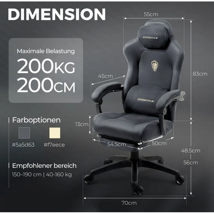 Dowinx Gaming-Stuhl Atmungsaktiver und Ergonomischer Bürostuhl aus Mikrofaser-Velours (Packung), Weiches Sitzgefühl, Verstellbarer Schreibtischstuhl mit Fußstütze – Bild 4