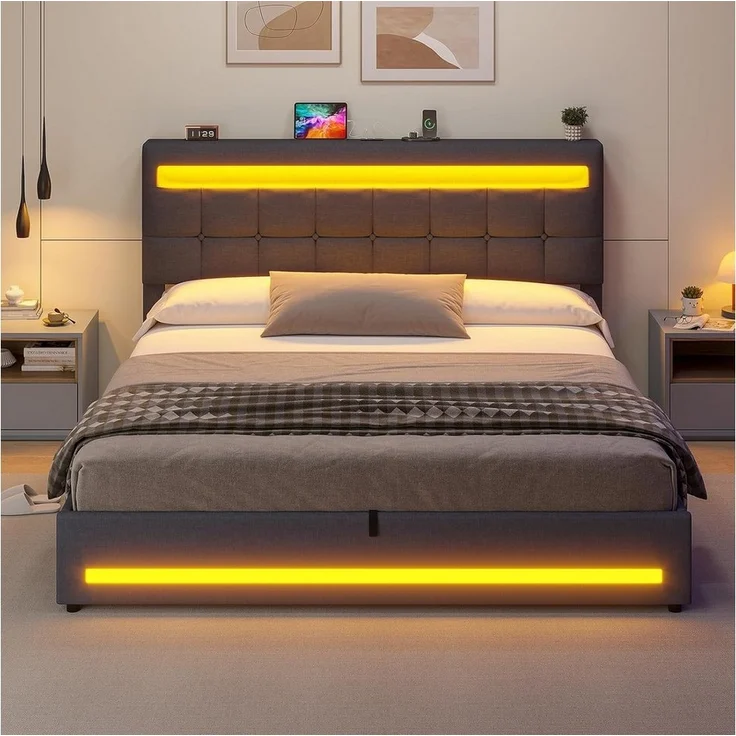 MSMASK Polsterbett Jugendbett mit LED Beleuchtung und Ladestation, Hydraulisches Bett (Ohne Matratze), mit Höhenverstellbares Kopfteil und Stauraum – Bild 3