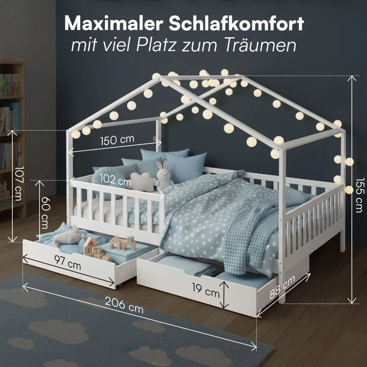 Bellabino 'Bia' Hausbett 140x200 cm mit 2 Schubladen, weiß, Kiefer Massivholz, Montessori Kinderbett mit Stauraum, inkl. Rausfallschutz und Lattenrost – Bild 8