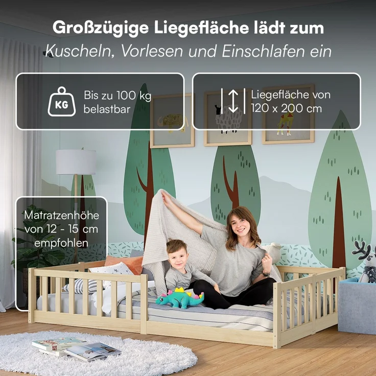 Bellabino 'Vere' Bodenbett 120x200 cm, natur, Massivholz Kiefer, Montessori Kinderbett mit Rausfallschutz und Lattenrost – Bild 6