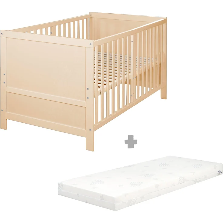 roba Babybett EASY SLEEP 70 x 140 cm inkl. Umbauecken + Matratze safe asleep® Roll Air - Mitwachsendes Gitterbett 3-fach höhenverstellbar - 3 Schlupfsprossen - Holz natur – Bild 1