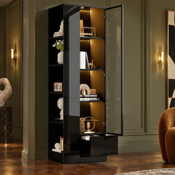DESVIAE Regal mit Glastür Schwarz aus Spanplatte/Glas – 50x160x35 cm – LED-Beleuchtung, Schublade – Bild 9