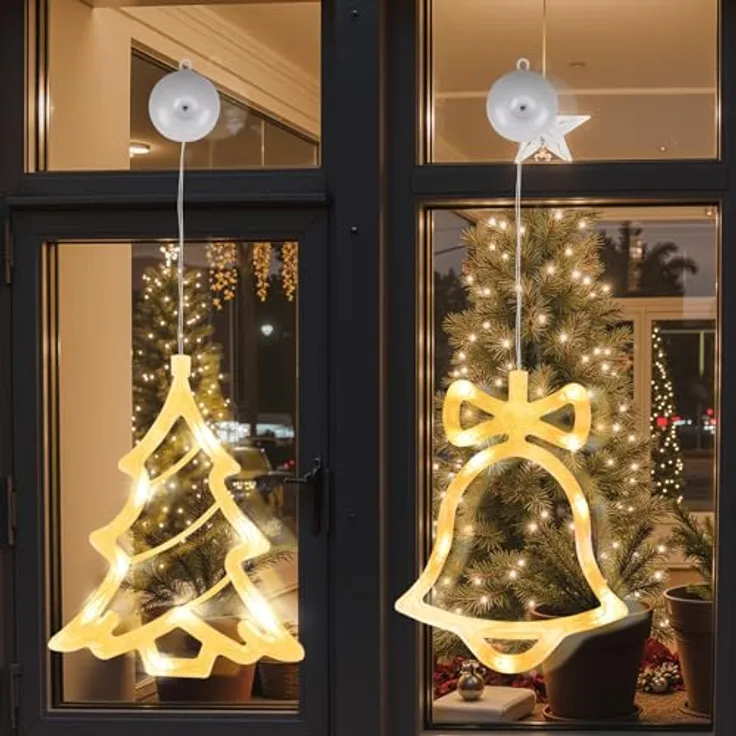 LEDYA LED Weihnachtsbaum Weihnachtsbeleuchtung, 2 Stück, 10 LED Lichtervorhang, Warmweiße Lichterkette, Batteriebetrieben mit Saugnapf & Timer, Fenster Lichterkette für Weihnachtsdeko, Party, Hochzeit