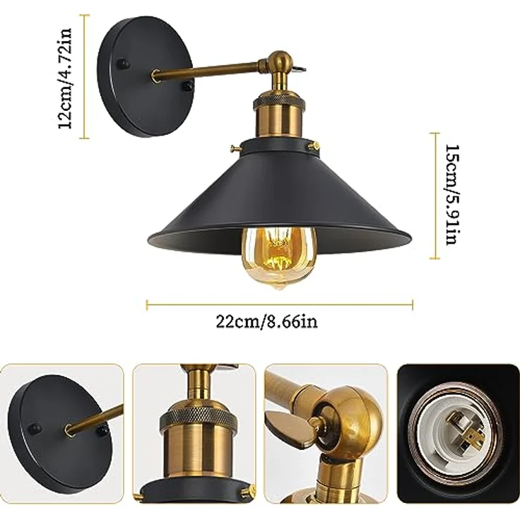 Comely 2 Stück Vintage Wandlampe, Schwarze Wandleuchte Industrial Design, 180° Verstellbare Wandlampe E27 max. 40W Deckenspots Innen für Wohnzimmer Schlafzimmer Büro Küche Flur – Bild 4