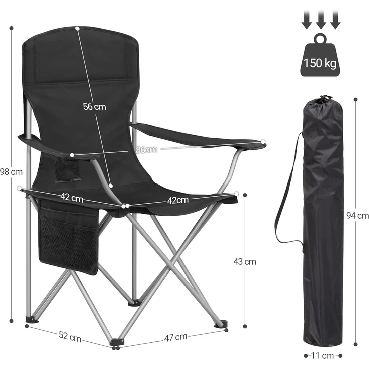 Campingstuhl, 2er Set, Campingstuhl Faltbar mit Getränkehalter und Tragetasch, Schwerlaststruktur bis 150 KG, Anglersessel Klappbar, Anglerstuhl, Gartenstuhl Outdoor, Schwarz – Bild 8