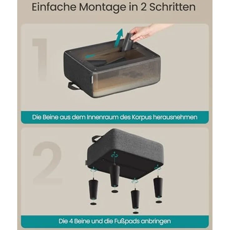SONGMICS Sitzhocker, Fußhocker, Leinenimitat, Hocker, Dicke Polsterung, bis 150 kg belastbar, für Wohnzimmer Schlafzimmer Eingangsbereich, schiefergrau-tintenschwarz – Bild 6
