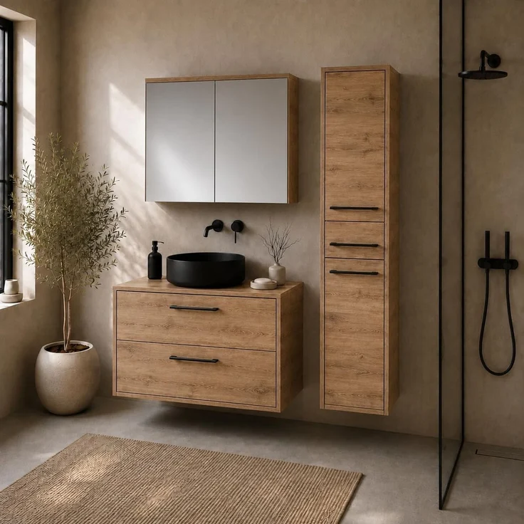 Badplaats Waschtischunterschrank-Set Florence 80 x 46 cm - Kastanieneiche - mit Spiegelschrank und Hochschrank – Bild 3