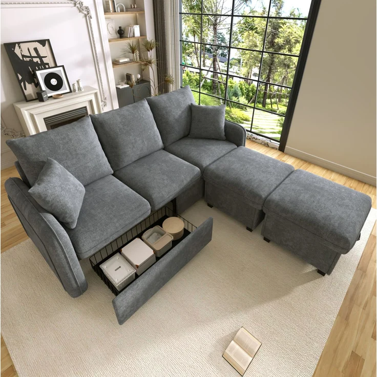 DESVIAE Sofa mit Schlaffunktion, Stauraum und 2 Hockern, Chenille, Dunkelgrau, 188 x 186 x 86 cm – Bild 1