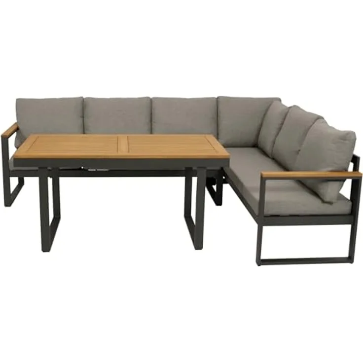 DEGAMO Garten-Essgruppe KAMPALA, (2-tlg, 1x Eckbank mit Polstern, 1x Tisch 70x140cm), Aluminium anthrazit, Oberflächen Akazie, wetterfest
