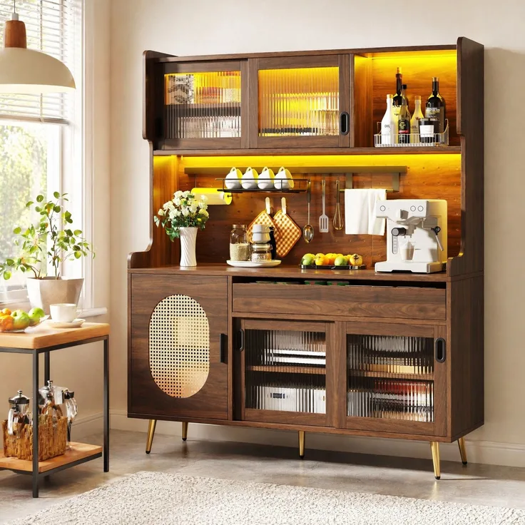 Buffetschrank aus MDF mit LED-Lichtleiste, Schubladen & Lochplatte, 145x39x171 cm, Braun