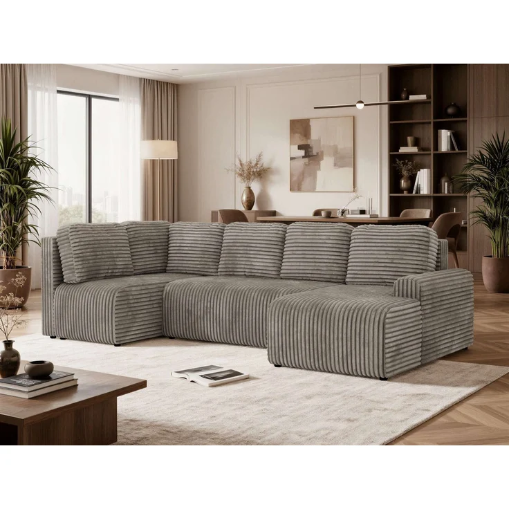 U-förmiges Sofa NESSARO COR U mit Schlaffunktion und Bettkasten, Freistehende Wohnlandschaft, DL-System, Bonellfederkern - Hellbraun Cord - Links Seite – Bild 1