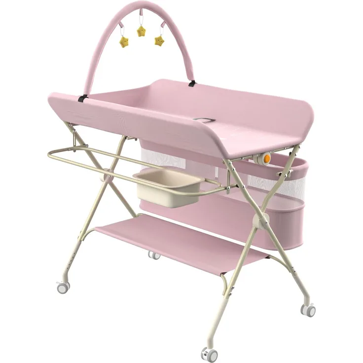 Wickeltisch, zusammenklappbar, mit Aufbewahrungskorb, Struktur aus Eisen, max. Belastung 25 kg, für Neugeborene, ergonomisches Design, Wickeltisch, 75 x 68 x 83–91 cm (B) Rosa