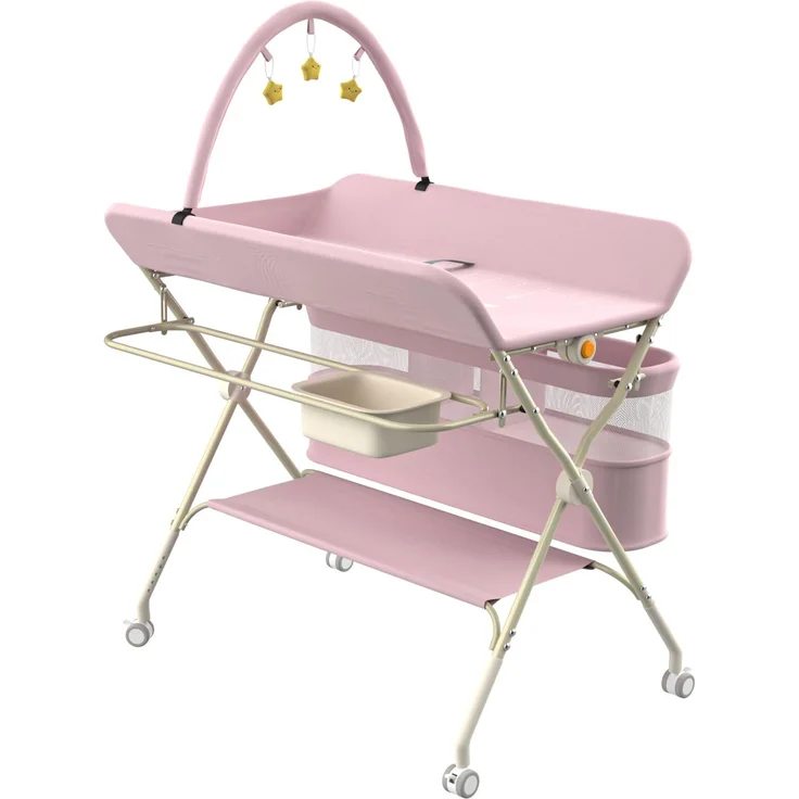 Wickeltisch, zusammenklappbar, mit Aufbewahrungskorb, Struktur aus Eisen, max. Belastung 25 kg, für Neugeborene, ergonomisches Design, Wickeltisch, 75 x 68 x 83–91 cm (B) Rosa