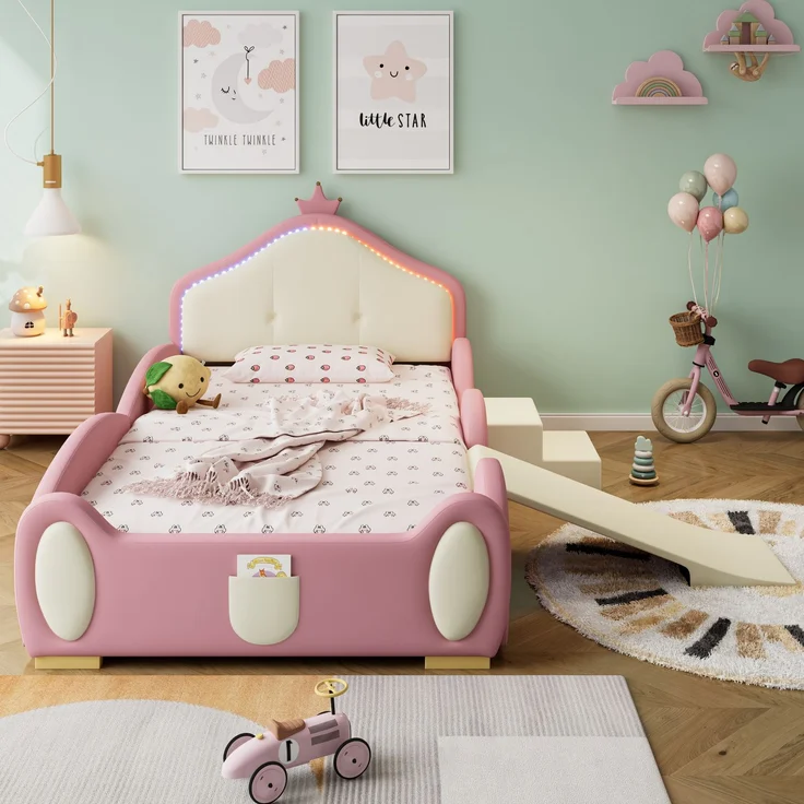 Merax Polsterbett 90x200cm, Crown Cartoon Bett, Mit Multi-Mode-LED-Streifen, Kinderbett mit kleiner Rutsche und Treppe, mit schützenden weichen Kanten, mit Holzlatten, PU, Rosa + Beige – Bild 3