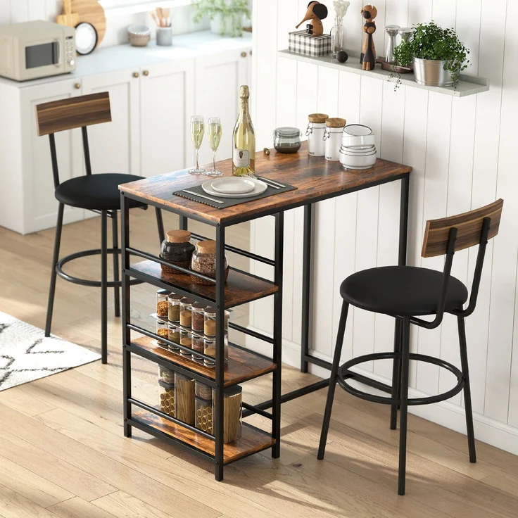 MELAYR, Hoher Bartisch mit 3 Ablageflächen und Stahlgestell, 90 x 50 x 90,5 cm, Rustikales Braun, Schwarz – Bild 4