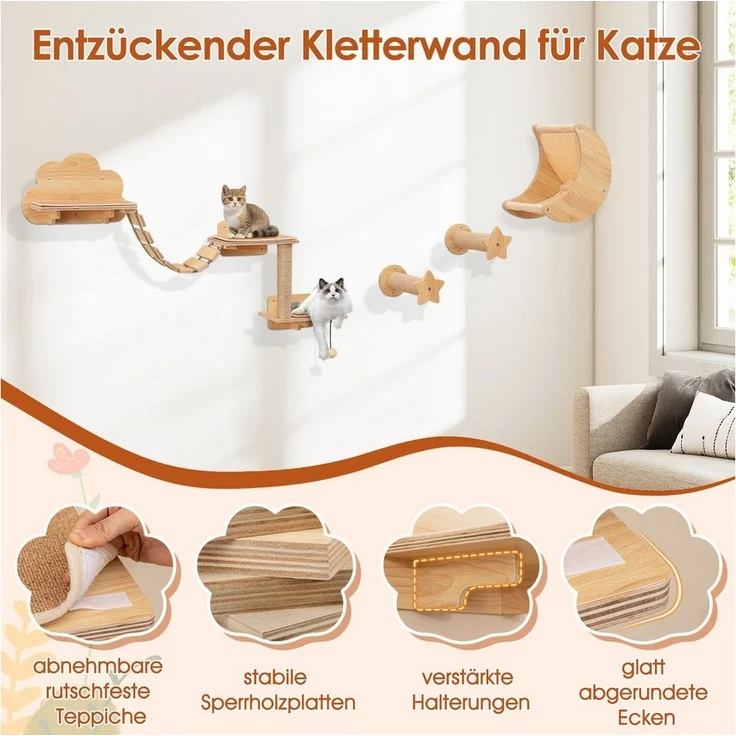 KOMFOTTEU Kratzbaum Kletterwand, mit Hängematte, 2 Kratzstangen, 2 Plattformen, Brücke – Bild 3