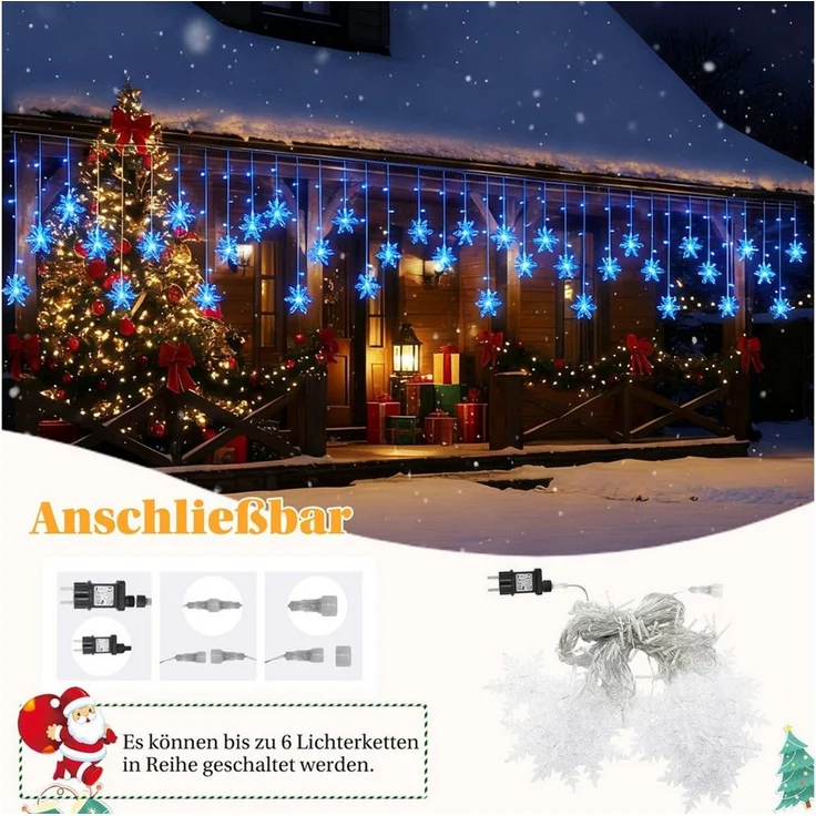 SERBASIC Lichtervorhang LED Schneeflocke Lichterkette, mit 8 Modi und Speicherfunktion, Timer, für Außen Weihnachten, Hochzeit, Balkon, Große Schneeflocke – Bild 3