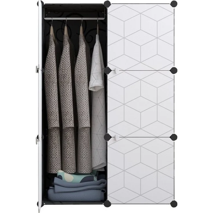 Home Collective Kleiderschrank Modular, Kombischrank, Steckregal, 3kg Kammerkapazität 6 Regalen und 2 Kleiderstangen, Polypropylenplatten, schwarzes Muster – Bild 3