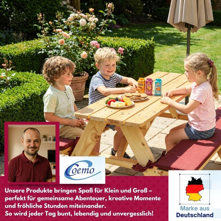 Coemo Kinder-Sitzgruppe Natur Picknicktisch mit Polster Spieltisch Gartentisch Holz – Bild 7