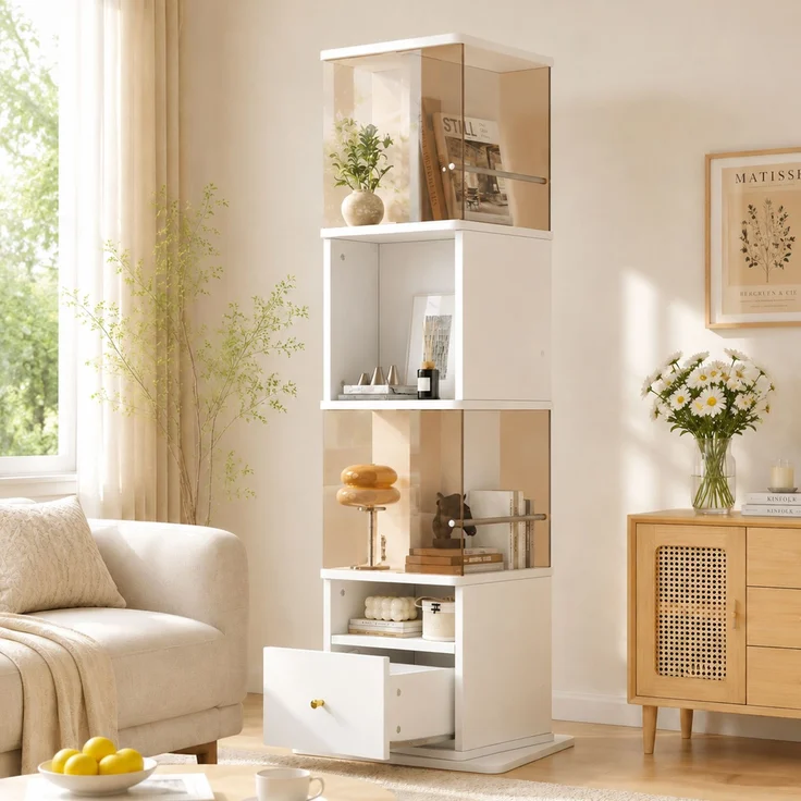 50*50*160cm, drehbare Vitrine, braunes gehärtetes Glas, MDF-Melaminplatte, Drehteller, MDF-Melaminplatte, Schubladenschienen, goldene Griffe, weiß + braun.--Braun + Weiß--50x50x160cm--YOUDENOVA – Bild 2
