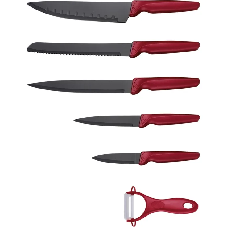 Michelino 6 teiliges Messerset (5 Messer & 1 Sparschäler) Edelstahl scharfe Messerklingen Küchenmesser Fleischmesser Rot-Matt